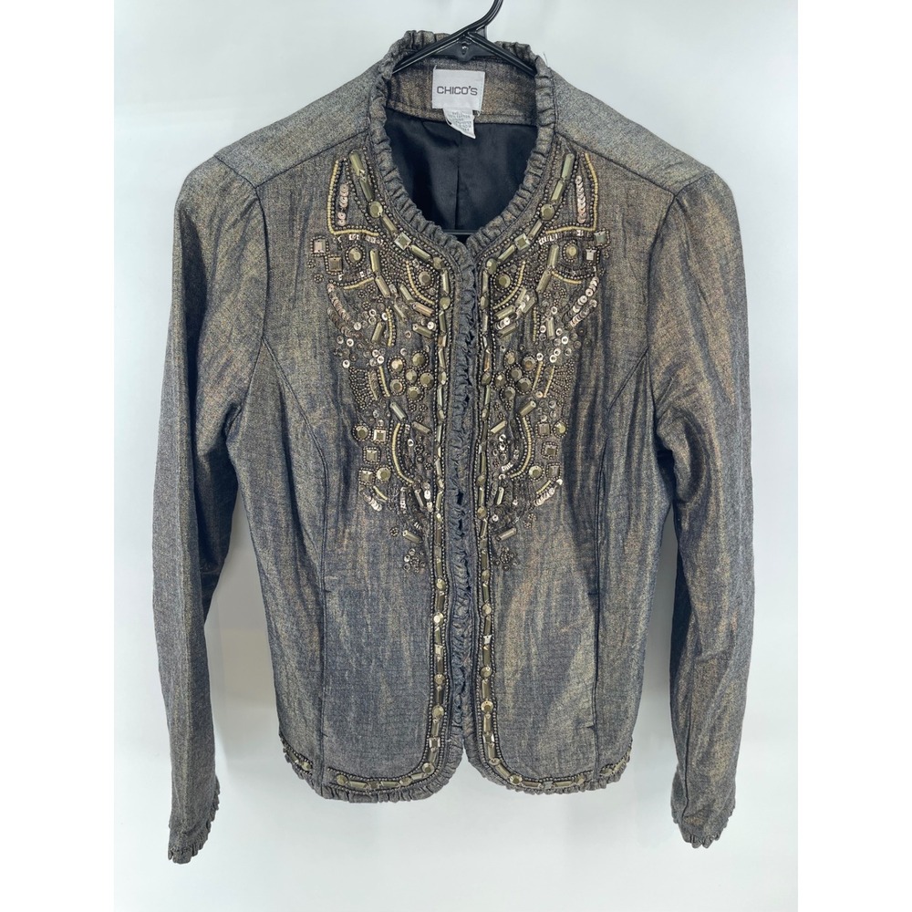 Chico's Embellished Denim Jacket Women Size 0 Bronze Metallic Beaded Excellent